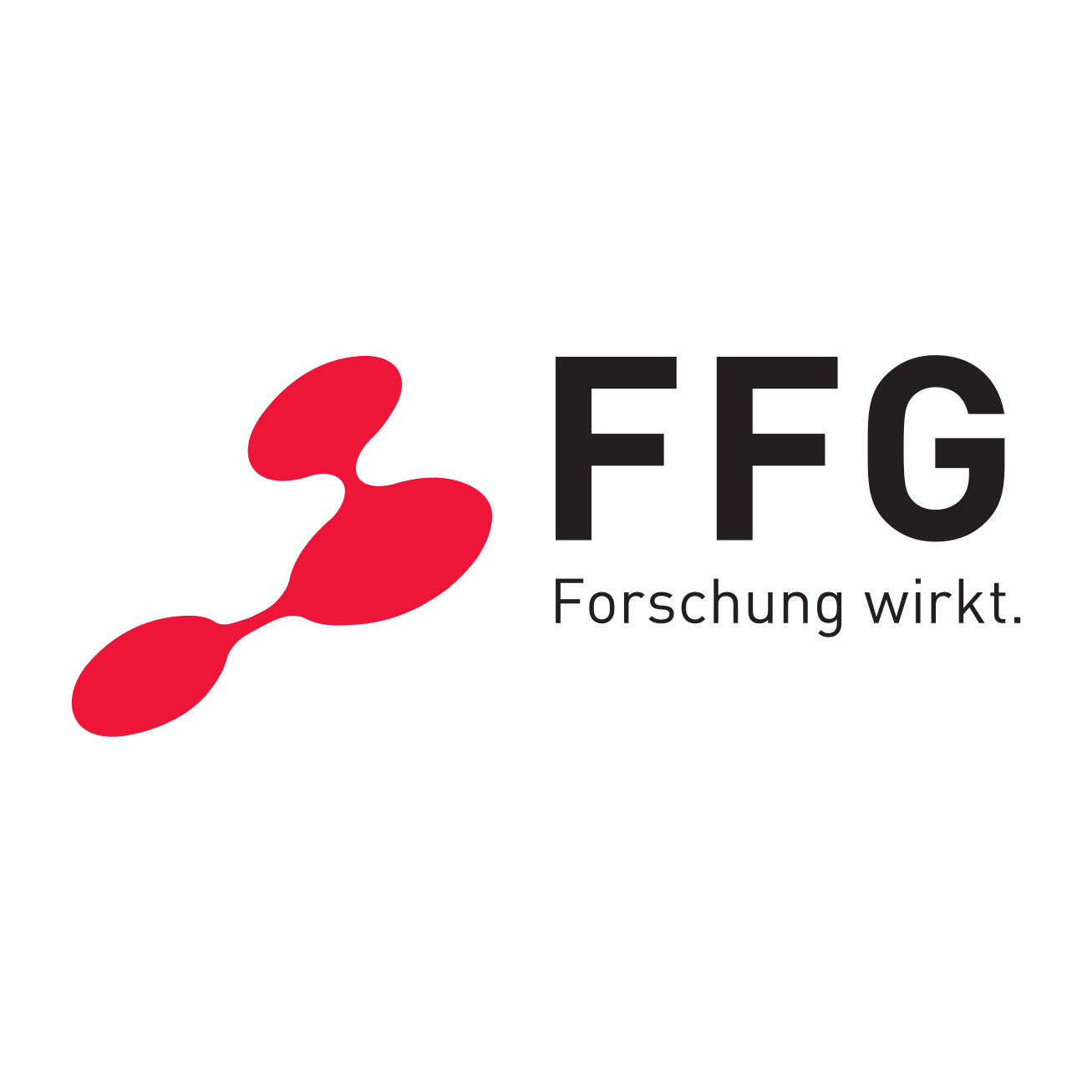 Logo der FFG. Rotes Teilchen neben dem Schriftzug