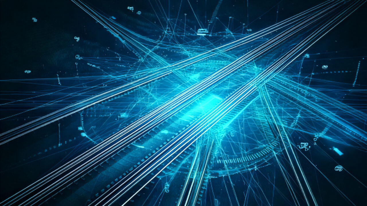 Futuristische Schienen, die sich vor einem blauen Neonhintergrund kreuzen.