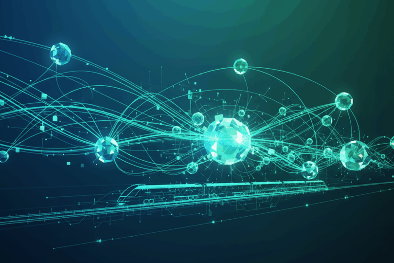 Futuristischer Zug vor blauem Neonhintergrund mit protonenähnlichem Kern im Vordergrund.