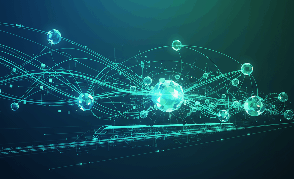 Futuristischer Zug vor blauem Neonhintergrund mit protonenähnlichem Kern im Vordergrund.