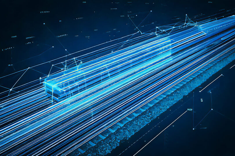 Extrem schnell fahrender, futuristischer Zug auf Schienen vor blauem Neonhintergrund