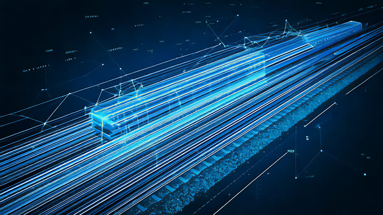 Extrem schnell fahrender, futuristischer Zug auf Schienen vor blauem Neonhintergrund